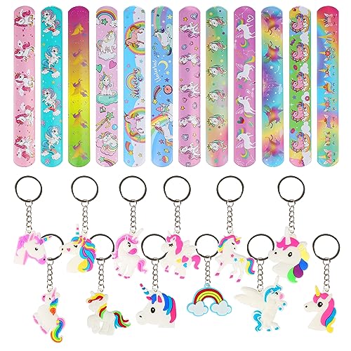 YONGQING 24Pcs Einhorn Party Mitgebsel, Einhorn Gastgeschenke, 12Pcs Einhorn Slap Armbänder + 12 Einhorn Schlüsselanhänger, Einhorn Geburtstags Party Zubehör für Kinder(Einhorn) von YONGQING