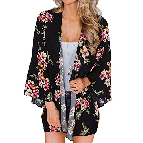 YONHEE Damen-Kimono mit floralem Muster, Chiffon, mit Druck, lockerer Schal, Strandmode, Boho, Sommer, Freizeitbluse, Bademode, Cardigan, Badeanzug für Damen, Schwarz A, XL von YONHEE