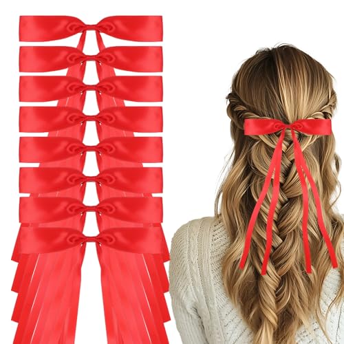 8 Stück seidige Satin-Haarschleifen, rote Haarspangen, Haarschleife mit langem Schwanz, Metall-Clips, rote Schleife für Haarspangen, französisches Haar-Accessoire für Damen, Mädchen, Kleinkinder, 8 Stück seidige Satin-Haarschleifen, rote Haarspangen, Haarschleife mit langem Schwanz, Metall-Clips, rote Schleife für Haarspangen, französisches Haar-Accessoire für Damen, Mädchen, Kleinkinder, von YONHTUTU