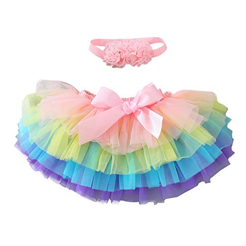 YONKOUNY Baby Mädchen Tutu Rock Prinzessin Tüllrock Minirock Baby Fotoprops Reifrock Ballettrock für Fotografie Geburtstag + Stirnband (Colourful, 0-6 Monate) von YONKOUNY