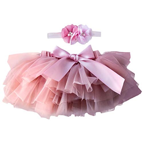 YONKOUNY Baby Mädchen Tutu Rock Prinzessin Tüllrock Minirock Baby Fotoprops Reifrock Ballettrock für Fotografie Geburtstag + Stirnband (Dunkelrosa, 1-2 Jahre) von YONKOUNY