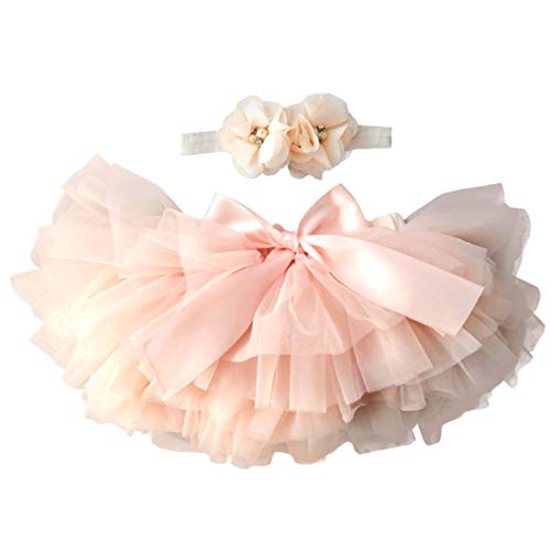 YONKOUNY Baby Mädchen Tutu Rock Prinzessin Tüllrock Minirock Baby Fotoprops Reifrock Ballettrock für Fotografie Geburtstag + Stirnband (Rot Pfirsich, 6-12 Monate) von YONKOUNY