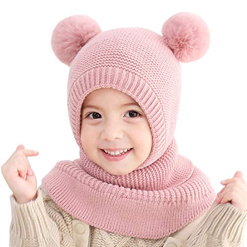 YONKOUNY Kinder Mädchen Wintermütze Warm Niedlich Schlupfmütze mit Bommel Beanie Strickmütze Schalmütze Fleece Mütze (Pink) von YONKOUNY
