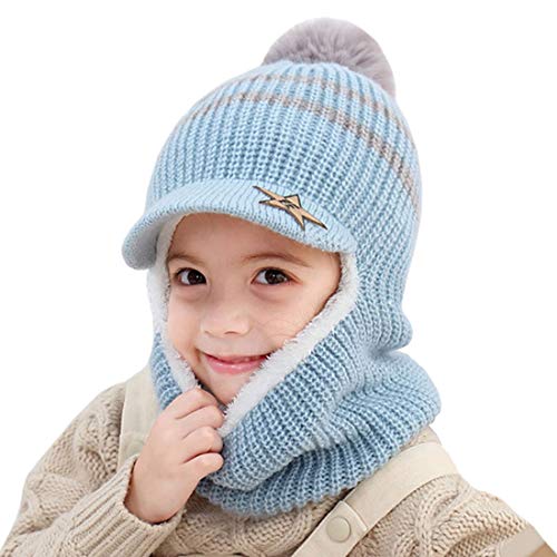 YONKOUNY Kinder Wintermütze Jungen Mädchen Warm Niedlich Strickmütze Schalmütze Schlupfmütze Beanie Mütze mit Fleecefutter (Blau) von YONKOUNY