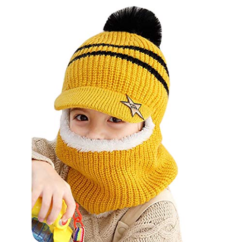 YONKOUNY Kinder Wintermütze Jungen Mädchen Warm Niedlich Strickmütze Schalmütze Schlupfmütze Beanie Mütze mit Fleecefutter (Gelb) von YONKOUNY