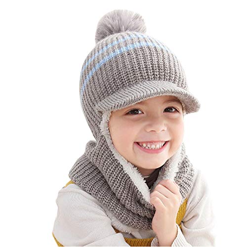 YONKOUNY Kinder Wintermütze Jungen Mädchen Warm Niedlich Strickmütze Schalmütze Schlupfmütze Beanie Mütze mit Fleecefutter (Grau) von YONKOUNY