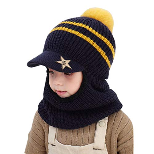 YONKOUNY Kinder Wintermütze Jungen Mädchen Warm Niedlich Strickmütze Schalmütze Schlupfmütze Beanie Mütze mit Fleecefutter (Marine blau) von YONKOUNY