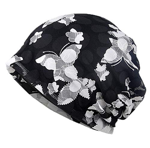 YONKOUNY Chemo Hut Damen Baumwolle Spitze Weich Slouchy Turban Beanie Hut Mütze Blumen Kopfbedeckungen Krebs Cap (Schwarz#2) von YONKOUNY