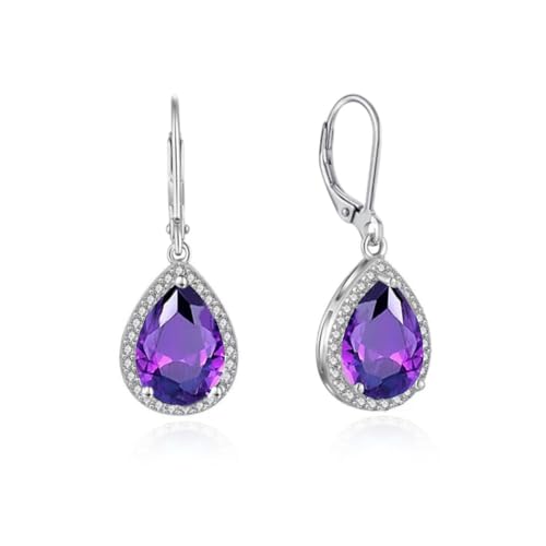 YONVUN Hängen Ohrringe mit Stein Kristall Zirkon Leverback Wassertropfen Ohrhänger Träne ovale Edelstein Rubin Smaragd Saphir Silber Schmuck Set Geschenk für Frau Mutter Tochter Freundin von YONVUN