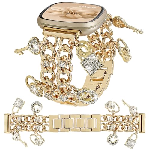 Kubanisches Kettenband, kompatibel mit Fitbit Versa 4/Versa 3/Sense 2/Sense Smartwatch-Armband für Damen, glitzernde Diamantkette, elegantes Metallarmband mit niedlichen Charm-Anhängern (A2-Bling Gold von YONWORTH