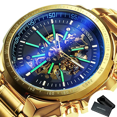 YONY Automatische mechanische Golduhr Herren Big Case Luxusmode Skelett Leuchtend Militärgeschäft blau wasserdicht-BO Gold Gold SCHWARZ von YONY