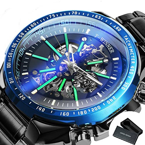 YONY Automatische mechanische Golduhr Herren Big Case Luxusmode Skelett Leuchtend Militärgeschäft blau wasserdicht-BO SCHWARZ BLAU SCHWARZ von YONY
