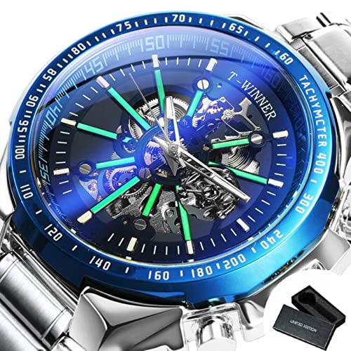 YONY Automatische mechanische Golduhr Herren Big Case Luxusmode Skelett Leuchtend Militärgeschäft blau wasserdicht-BO Silber BLAU SCHWARZ von YONY