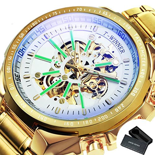 YONY Automatische mechanische goldene Uhr Männer großes Gehäuse Luxus Mode Skelett leuchtendes Militärgeschäft blau wasserdicht-BO Gold Gold Weiss von YONY