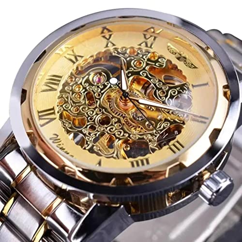 YONY Fashion Winner Black Leather Band Edelstahl Skeleton Mechanische Uhr für Herren Gold Mechanische Armbanduhr Luxusmarke-Goldstahl 2 von YONY