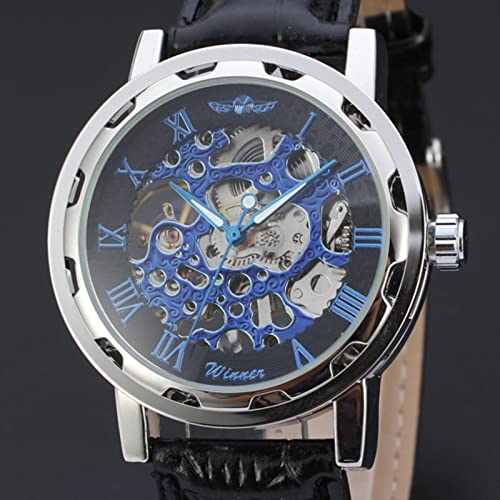 YONY Fashion Winner Black Leather Band Edelstahl Skeleton Mechanische Uhr für Herren Gold Mechanische Armbanduhr Luxusmarke Silber Blau von YONY