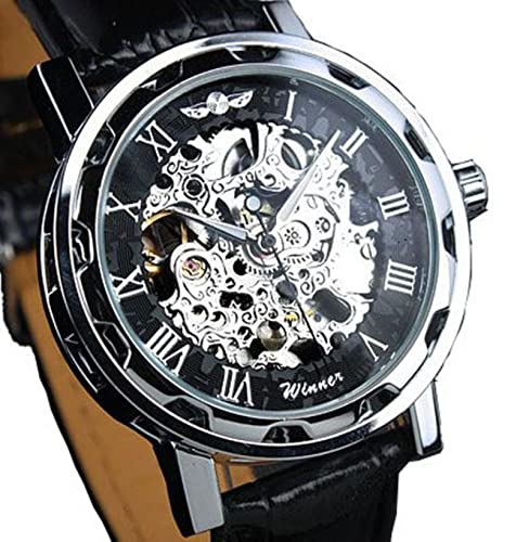 YONY Fashion Winner Black Leather Band Edelstahl Skeleton Mechanische Uhr für Herren Gold Mechanische Armbanduhr Luxusmarke-Silber von YONY