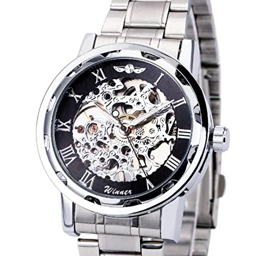 YONY Fashion Winner Black Leather Band Edelstahl Skeleton Mechanische Uhr für Herren Gold Mechanische Armbanduhr Luxusmarke Stahl schwarz Silber von YONY