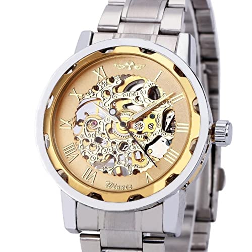 YONY Fashion Winner Black Leather Band Edelstahl Skeleton Mechanische Uhr für Herren Gold Mechanische Armbanduhr Luxusmarke-   Stahlgold von YONY