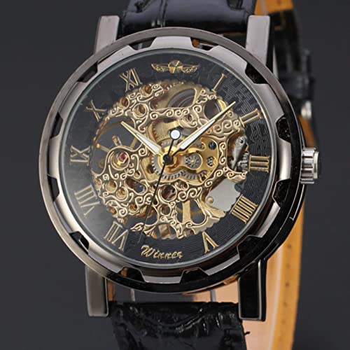 YONY Fashion Winner Black Leather Band Edelstahl Skeleton mechanische Uhr für Herren Gold mechanische Armbanduhr Luxusmarke-schwarzes Gold von YONY