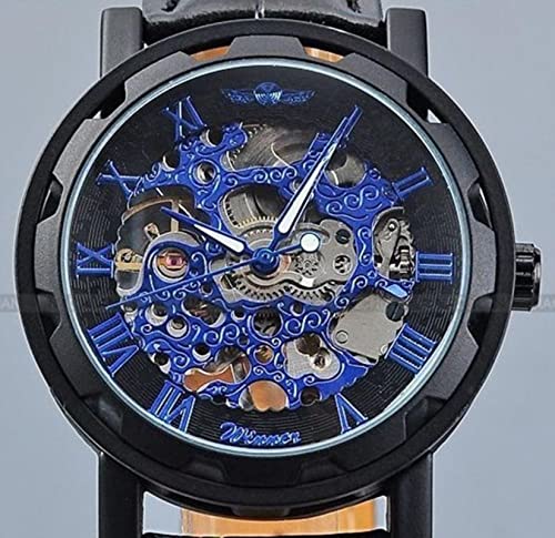 YONY Fashion Winner Schwarzes Lederband Edelstahl Skeleton Mechanische Uhr Für Herren Gold Mechanische Armbanduhr Luxusmarke-Blau von YONY