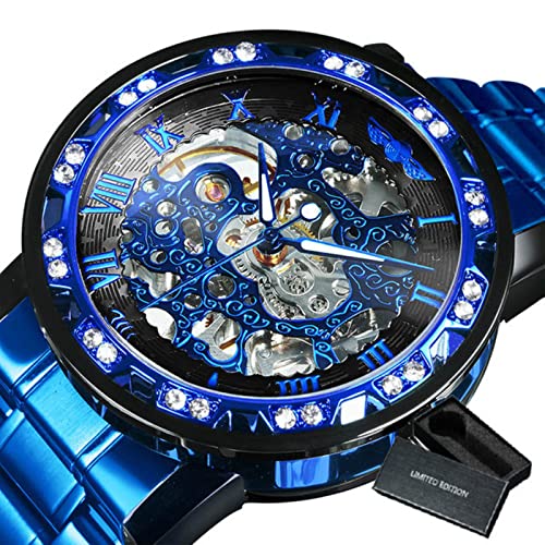 YONY Mechanische Uhr Herren Carving Crystal Iced Out Herrenuhren Top-Marke Luxus Stahlband Unisex Größe Uhr-BO BLAU SCHWARZ BLAU SCHWARZ von YONY