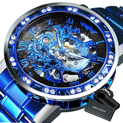 YONY Mechanische Uhr Herren Carving Crystal Iced Out Herrenuhren Top-Marke Luxus Stahlband Unisex Größe Uhr-BO BLU SILV BLU BLK von YONY