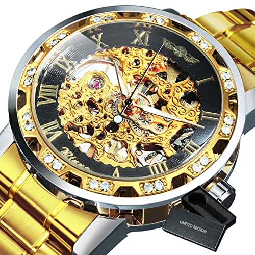 YONY Mechanische Uhr Herren Carving Crystal Iced Out Herrenuhren Top-Marke Luxus Stahlband Unisex Größe Uhr-BO Gold Gold SCHWARZ von YONY