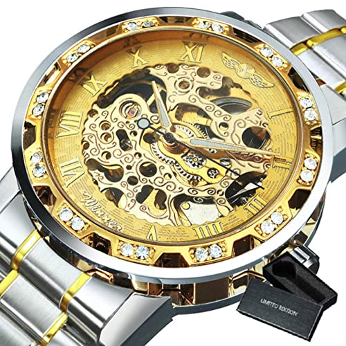 YONY Mechanische Uhr Herren Carving Crystal Iced Out Herrenuhren Top-Marke Luxus Stahlband Unisex Größe Uhr-BO Gold Gold von YONY