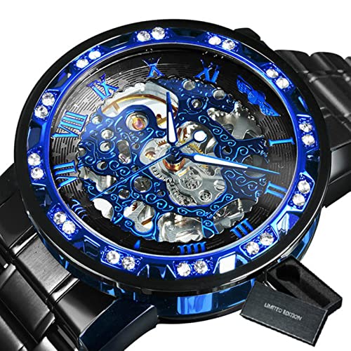 YONY Mechanische Uhr Herren Carving Crystal Iced Out Herrenuhren Top-Marke Luxus Stahlband Unisex Größe Uhr-BO SCHWARZ BLAU SCHWARZ von YONY