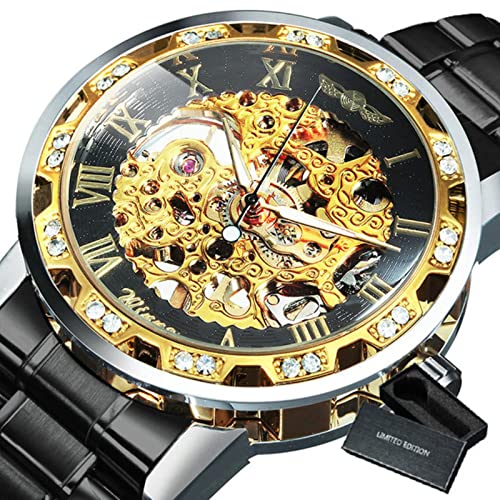 YONY Mechanische Uhr Herren Carving Crystal Iced Out Herrenuhren Top-Marke Luxus Stahlband Unisex Größe Uhr-BO SCHWARZ Gold SCHWARZ von YONY