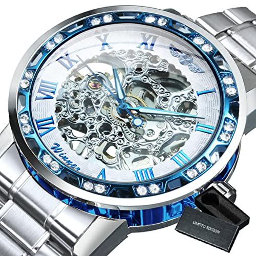 YONY Mechanische Uhr Herren Carving Crystal Iced Out Herrenuhren Top-Marke Luxus Stahlband Unisex Größe Uhr-BO Silber BLAU WEIß von YONY