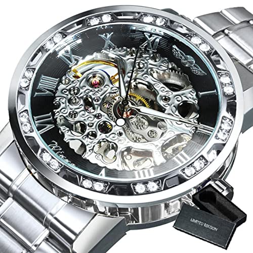 YONY Mechanische Uhr Herren Carving Crystal Iced Out Herrenuhren Top-Marke Luxus Stahlband Unisex Größe Uhr-BO Silber Silber SCHWARZ von YONY