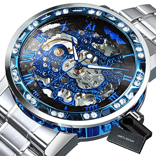 YONY Mechanische Uhr Herren Carving Crystal Iced Out Herrenuhren Top-Marke Luxus Stahlband Unisex Größe Uhr-BO Silver Blue BLK von YONY