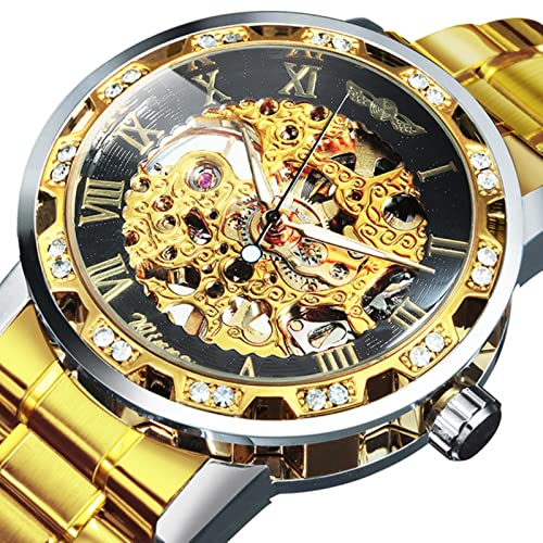 YONY Mechanische Uhr Herren Carving Crystal Iced Out Herrenuhren Top-Marke Luxus Stahlband Unisex Größe Uhr-Gold Gold SCHWARZ von YONY