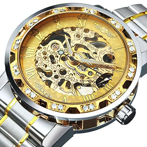 YONY Mechanische Uhr Herren Carving Crystal Iced Out Herrenuhren Top-Marke Luxus Stahlband Unisex Größe Uhr-Gold Gold von YONY