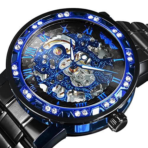 YONY Mechanische Uhr Herren Carving Crystal Iced Out Herrenuhren Top-Marke Luxus Stahlband Unisex Größe Uhr-SCHWARZ BLAU SCHWARZ von YONY