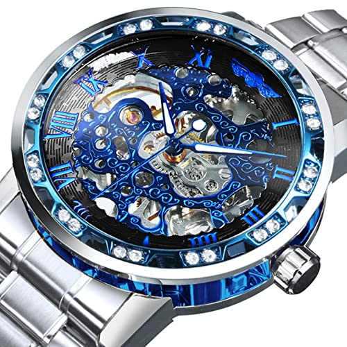 YONY Mechanische Uhr Herren Carving Crystal Iced Out Herrenuhren Top-Marke Luxus Stahlband Unisex Größe Uhr-Silber BLAU SCHWARZ von YONY