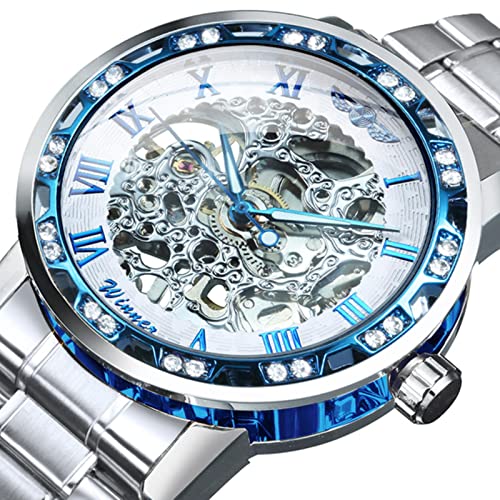 YONY Mechanische Uhr Herren Carving Crystal Iced Out Herrenuhren Top-Marke Luxus Stahlband Unisex Größe Uhr-Silber BLAU WEIß von YONY