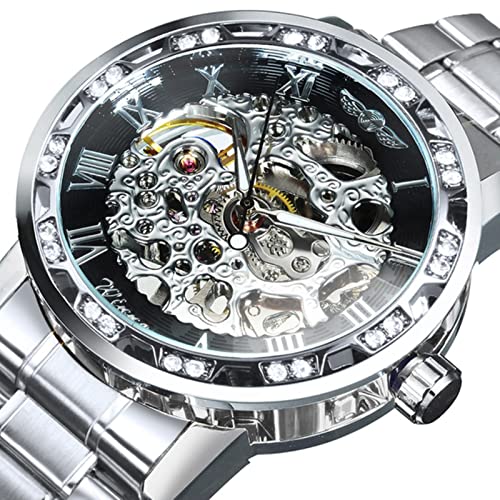 YONY Mechanische Uhr Herren Carving Crystal Iced Out Herrenuhren Top-Marke Luxus Stahlband Unisex Größe Uhr-Silber Silber SCHWARZ von YONY