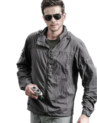 YONY Neue 2022 Sommer wasserdichte schnell trockene taktische Haut Jacke Männer Kapuze Regenmantel Dünne Windjacke Sonnenschutz Jacke-Grau, 5XL von YONY