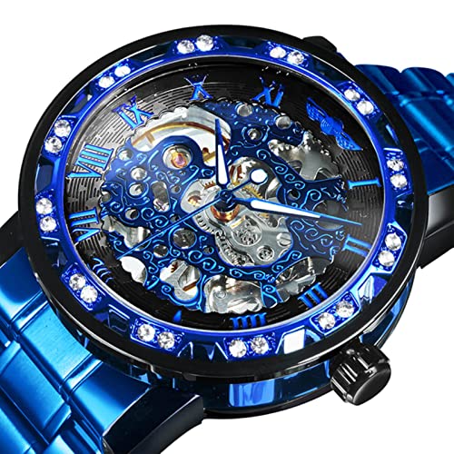 YONY Neue mechanische Uhr Männer Carving Crystal Iced Out Herrenuhren Top-Marke Luxus Stahlband Unisex Größe Uhr-BLAU SCHWARZ BLAU SCHWARZ von YONY