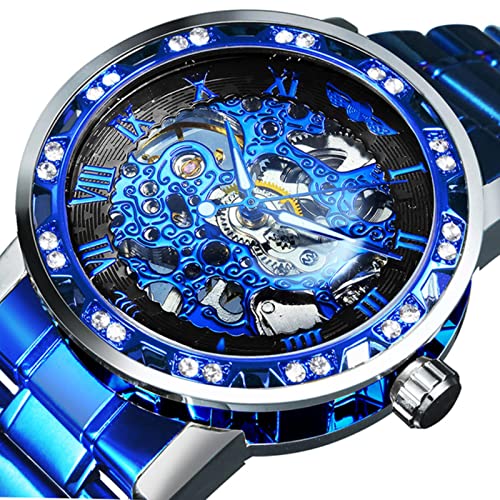 YONY Neue mechanische Uhr Männer Carving Crystal Iced Out Herrenuhren Top-Marke Luxus Stahlband Unisex Größe Uhr-BLU SILV BLU BLK von YONY