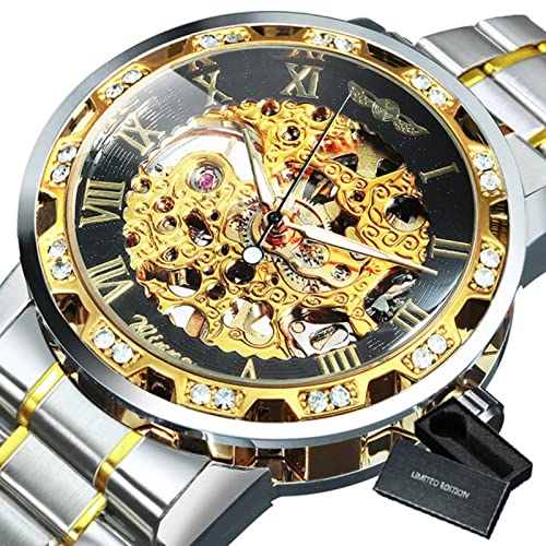 YONY Neue mechanische Uhr Männer schnitzen Kristall Iced Out Herrenuhren Top-Marke Luxus Stahlband Unisex Größe Uhr-BO Gold SCHWARZ von YONY