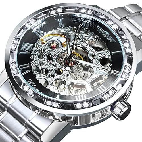 YONY Neue mechanische Uhr Männer schnitzen Kristall Iced Out Herrenuhren Top-Marke Luxus Stahlband Unisex Größe Uhr-Silber Silber SCHWARZ von YONY