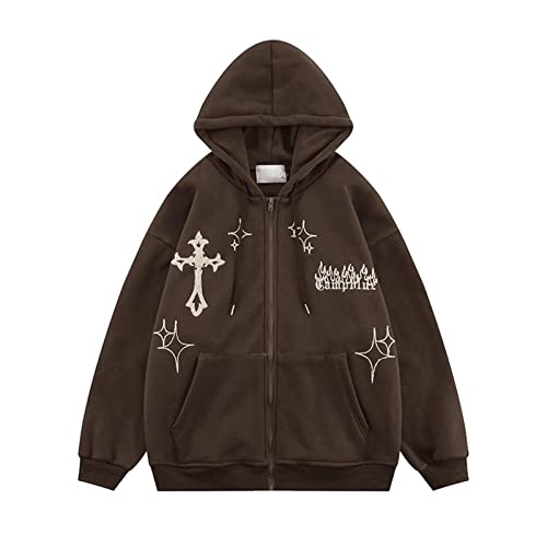 YONY New Y2k Frauen Vintage Gothic Streetwear Stickerei Harajuku Hoodies Hip Hop Jacke Reißverschluss Hoodie Sweatshirt Tops Kleidung-Dunkelgrau,M von YONY