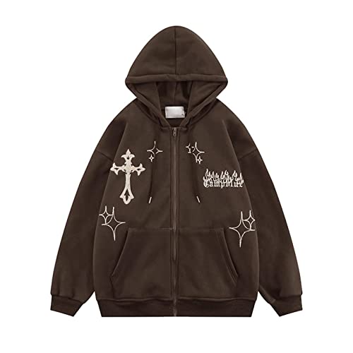 YONY New Y2k Frauen Vintage Gothic Streetwear Stickerei Harajuku Hoodies Hip Hop Jacke Reißverschluss Hoodie Sweatshirt Tops Kleidung-Dunkelgrau,XL von YONY