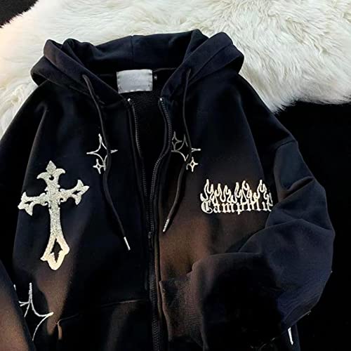 YONY New Y2k Frauen Vintage Gothic Streetwear Stickerei Harajuku Hoodies Hip Hop Jacke Reißverschluss Hoodie Sweatshirt Tops Kleidung-Schwarz,M von YONY