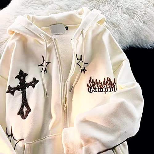 YONY New Y2k Frauen Vintage Gothic Streetwear Stickerei Harajuku Hoodies Hip Hop Jacke Reißverschluss Hoodie Sweatshirt Tops Kleidung-Weiß,M von YONY