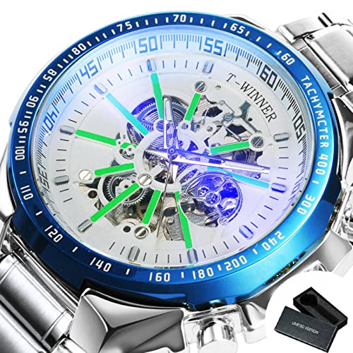 YONY Offizielle automatische mechanische goldene Uhr Herren Big Case Luxury Fashion Skeleton Luminous Business-BO Silver Blue White von YONY